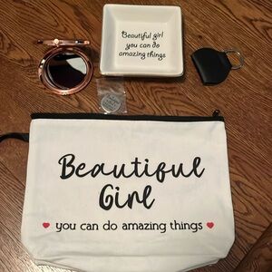 Beautiful Girl Cosmetic bag, mirror, key chain, token, & dish